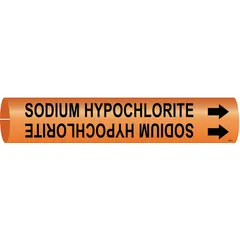 Orange pipe marker with black legend text reading 'Sodium Hypochlorite' and directional arrows. Fits pipe outer diameters from 3/4 to 1-3/8 inches. Used to identify pipes carrying sodium hypochlorite in industrial settings such as water treatment and chemical processing facilities.