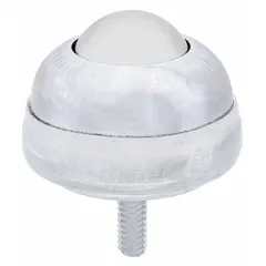 Threaded-stud mount ball transfer with 1 in diameter ball, 1 3/8 in projection, and 75 lb load capacity. Used in material handling systems for low-friction, omnidirectional movement of loads across flat surfaces, such as conveyor lines, turntables, and workstations.