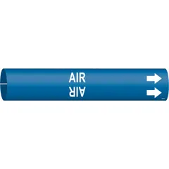 Blue snap-on pipe marker with white legend reading 'Air' and directional arrows. Fits pipe outer diameters from 3/4 to 1-3/8 inches. Used to identify air piping systems in industrial facilities, supporting visual identification of pipe contents.