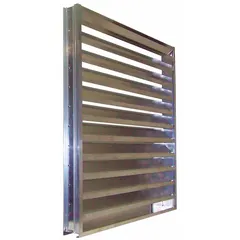 This drainable stationary-blade louver is designed for intake ventilation in commercial and industrial buildings, allowing air entry while shedding rainwater. It features a recess mount and hat channel design, with a maximum air velocity of 3500 fpm. Constructed from extruded aluminum, it measures 47 1/2 inches in height and width.