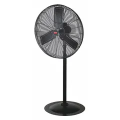Standard industrial pedestal fan with 24-inch blade diameter, 1/4 hp motor, 2 speeds, and oscillating function. Operates on single-phase 115V AC power. Designed for general air circulation in industrial settings such as workshops, warehouses, and factories.
