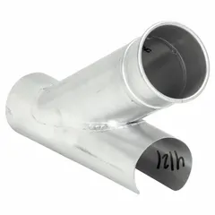 Galvanized steel branch fitting for connecting a secondary duct line into a main duct at a 30° angle. Designed for 4 in duct diameter with a 10 in overall length. Suitable for use in ventilation and dust-collection systems to reduce turbulence and pressure drop.
