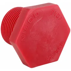 Polyvinylidene hex head plug for sealing pipe ends in high-purity or corrosive fluid systems. Schedule 80, 1 in male NPT connection, red, UV-resistant, rated for 280°F max operating temperature. Meets ASTM D3222.