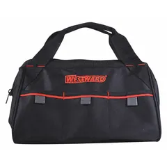 This polyester wide-mouth tool bag in black provides organized storage for hand tools and small parts. It features 4 exterior pockets and 1 inside pocket for accessible carrying on job sites or in workshops.