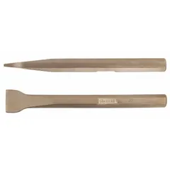 Non-sparking caulk-removal chisel with 10 1/4 in overall length. Designed for removing caulk in environments where sparks must be avoided, such as areas with flammable gases or dust.
