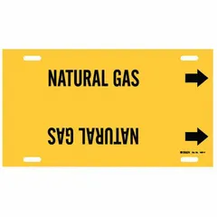 Yellow pipe marker with black 'Natural Gas' legend and directional arrows. Strap-on type fits pipe outer diameters from 6 to 7-7/8 inches. Used to identify natural gas lines and indicate flow direction in piping systems.
