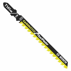 Carbide-tipped jigsaw blade with rigid body for straight cuts in plastic and laminate materials. Blade length 4 inches. Suitable for trim work, countertop fabrication, and other finish applications requiring clean, precise cuts.
