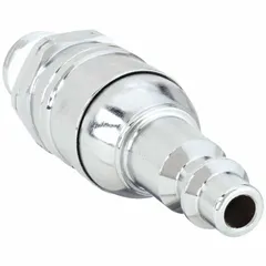 Nickel-plated steel ball-joint swivel fitting with 360° rotation. Features 1/4 in female NPT inlet and male Industrial Interchange outlet. Includes pre-applied thread sealant. Used in compressed air systems to connect tools to hoses while reducing kinking and operator fatigue.