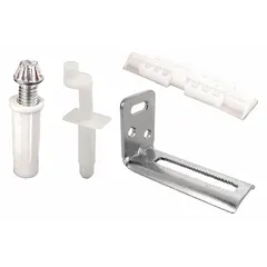 This repair kit is designed for top-mounted hanging door track systems, suitable for interior sliding doors in residential or light commercial settings. It includes necessary hardware to replace worn or broken components and supports doors up to 30 lb. Dimensions: 4 in length, 3 13/16 in width, 7 11/16 in height.