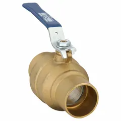 This 1-1/2 inch brass ball valve features a straight, two-piece body with sweat x sweat connections for permanent copper-tube installation. The Memory Stop Lever handle provides visual position indication. Suitable for on/off flow control in plumbing, HVAC, and industrial piping systems.