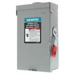 This non-fusible safety switch provides manual disconnect for single-phase 240V AC circuits up to 60 A. The galvanized steel enclosure allows indoor or outdoor installation. It is used to isolate electrical equipment for maintenance or emergency shutdown in industrial and commercial systems.