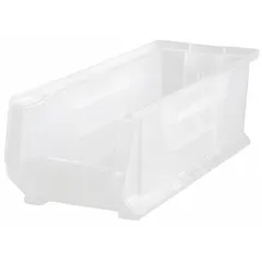 This stationary plastic bin is designed for organizing small parts and components in workstations, warehouses, and assembly lines. Its clear construction allows visual identification of contents, and the stacking capability enables efficient use of vertical storage space.