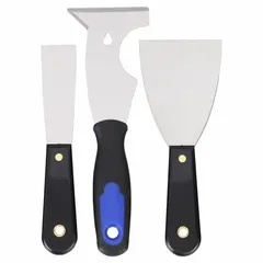 This 3-piece set includes painter's multi-tools, spreaders, and scrapers. Blades are carbon steel; handles are plastic/rubber. Used for paint removal, putty application, and surface cleaning in painting preparation and general scraping tasks.