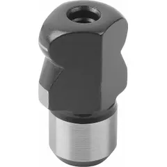 Flattened ball-end locating pin made from tool steel with a 16 mm shank outside diameter. Used in jigs, fixtures, and workholding systems for precise positioning and alignment of workpieces during machining or assembly. The flattened ball end facilitates manual insertion and removal in quick-change tooling setups.