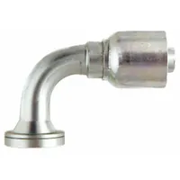 Steel 90° elbow crimp hose fitting with flange x crimp connection. Designed for -12 hose dash size, male x genderless fitting gender, and 0.511"-27 thread. Used in hydraulic systems to connect hose to flange ports for permanent, leak-resistant assemblies in industrial and mobile equipment