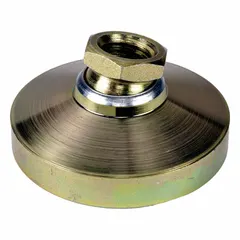Steel swivel female leveling mount with a yellow zinc-plated finish. Features a 1.88 in base diameter and 1/2"-13 thread size, supporting up to 5,000 lb. Used for leveling and stabilizing machinery, workstations, and heavy equipment on uneven floors.