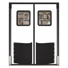 White polyethylene insulated swinging door set with two doors, each 7 ft wide by 8 ft high. Includes a polycarbonate window, door seals, bumpers, and mounting hardware. Meets USDA standards for use in temperature-controlled and sanitary environments.