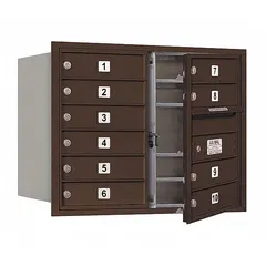This horizontal multi-unit mailbox features 10 lockable doors and is designed for recessed mounting with front access. Measuring 23 7/8 inches high by 31 1/8 inches wide by 16 1/2 inches deep, it provides secure mail distribution in apartment buildings, offices, or condominiums where space-saving mail storage is required.