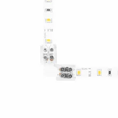This tape-to-tape connector joins two sections of tape light at a 90° angle, enabling corner runs in linear lighting installations. It features screw terminals and accepts wire gauges from 20 AWG to 16 AWG. The connector measures 1.02 inches in length.