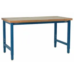 This heavy-duty open-base workstation features a 60 x 30 in butcher-block top in blue with an overall load capacity of 6,600 lb. Suitable for industrial assembly, maintenance, and fabrication tasks in manufacturing plants, warehouses, and repair shops.