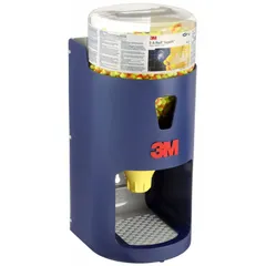 This 3M earplug dispenser system holds 500 pairs of uncorded, bullet-shaped earplugs with a 33 dB NRR rating. The earplugs are orange/yellow. The dispenser can be mounted on a table top or wall, suitable for use in industrial environments where hearing protection is required.
