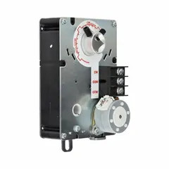 Non-spring return damper actuator for HVAC systems, accepting 3/8" to 1/2" round or square shafts. Operates on 24V AC with 2.25W power, 45° stroke, and CW/CCW rotation. Includes auxiliary switch, plenum rated, NEMA 1 enclosure.