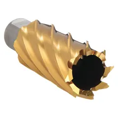 Cobalt annular cutter with titanium nitride (TiN) coating for reduced friction and extended tool life. Features a Weldon Flat shank for secure chucking in magnetic drill presses. Designed for cutting hard materials in structural steel, shipbuilding, and heavy fabrication. Maximum cutting depth: 2 in.