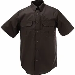 This men's tactical collared work shirt is made of polyester with short sleeves and hook-and-loop closures. It is designed for use in security, law enforcement, and field operations where a durable and breathable shirt is required. The black color and tall size accommodate professional needs.