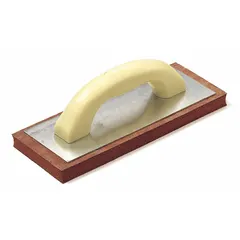 Tile float with a square-shaped rubber blade and a plastic handle. Used for smoothing and finishing tile installations, grouting, and spreading thin-set mortar in construction and renovation projects.