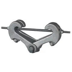 This forged steel tong-style beam clamp supports threaded rod from structural beams. Rated for 11,500 lb load capacity and designed for 3/8 in threaded rod. Includes locknut for secure installation. Used in industrial piping, HVAC, and electrical support systems.