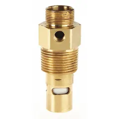 Brass check valve with 1 in male NPT and 3/4 in compression connections, rated for 500 psi maximum pressure. Used in pneumatic systems to prevent backflow, suitable for in-tank installation in compressed air lines.