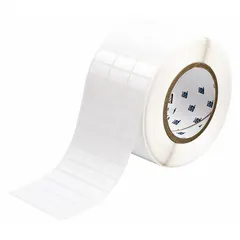 Precut label roll measuring 1/2 in x 1 in with a 1/2 in core, white matte finish. Designed for use with THT printer series. The destructible material leaves a visible tamper-evident pattern upon removal, suitable for security asset identification and anti-tampering applications.