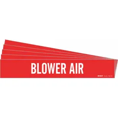 Red background pipe marker with white legend text reading 'Blower Air'. Designed for adhesive application on pipe outer diameters of 8 inches and larger. Each pack contains 5 markers without arrows. Used to identify blower air lines in industrial piping systems.