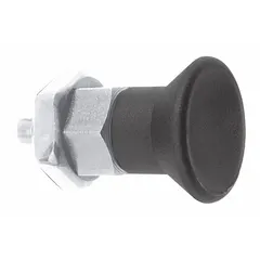 This indexing plunger features a nonlocking short-pin design with a pull-knob for manual operation. It is constructed from stainless steel with a 3/8"-24 thread and includes a jam nut for secure mounting. The nose force ranges from 5 N to 12 N. Typical applications include precise positioning and locking of moving parts in jigs, fixtures, and assembly lines.