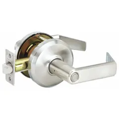 This DORMAKABA QCL Sierra privacy lever lockset features a satin nickel-plated clear-coated cast zinc finish and an SFIC core. It is ADA compliant with an ANSI F76 privacy function, suitable for commercial and institutional applications such as restrooms or offices where privacy locking is required.