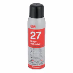 3M 27 is a general-purpose bonding and repair spray adhesive in a 16 fl oz aerosol can. It delivers a clear, fast-drying mist with high tack for bonding wood and secondary materials like metals. Designed for interior use only, it complies with Ozone Transport Commission standards and is not water-resistant or heat resistant.