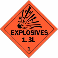 This placard measures 10 3/4 inches by 10 3/4 inches and displays the message 'Explosives 1.3 L 1'. It is used for identifying containers holding Class 1 explosives in transportation and storage settings.