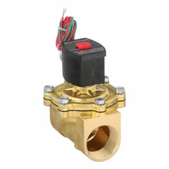 This 2-way, 2-position normally closed solenoid valve features a brass body and is designed for high-flow applications. It operates at 220V AC and has a 1-1/2 inch pipe size. The explosion-proof coil enclosure makes it suitable for use in hazardous environments requiring reliable on/off control of liquids or gases.