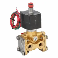 3-way/2-position normally closed solenoid valve with 1/4 in pipe size and 24V DC operation. Features an explosion-proof/watertight coil enclosure for use in hazardous environments. Suitable for on/off control of air, water, or light oil in industrial automation and process control systems.