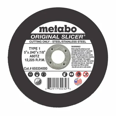 METABO Abrasive Cut-Off Wheel: Type 1, 5" x 0.04" x 7/8", Aluminum Oxide, 60 Grit - General Purpose Cut-Off Wheels for Carbon & Stainless Steel