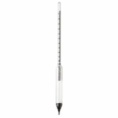 This ballast-type hydrometer measures salt brine saturation from 0 to 100% with 0.01 scale divisions and ±1% accuracy. The 11-inch instrument provides direct saturation readings without conversion. Typical applications include monitoring brine concentration in food processing, water treatment, and industrial cooling systems.