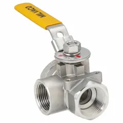 Three-way ball valve with L flow pattern for diverting or shutting off flow in piping systems. Constructed with CF8M stainless steel body and female NPT threaded ends. Includes locking lever handle for secure position control. Suitable for process control, water treatment, and chemical handling applications.