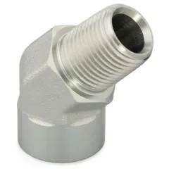 Steel hydraulic hose adapter with 1/8 in NPTF female and male threads, configured as a rigid 45° elbow. Used to connect NPTF-threaded components at an angle in hydraulic systems, providing a leak-resistant joint between a female and male port.