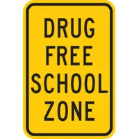 This 18 in x 12 in aluminum sign features a High Intensity Prismatic (HIP) retroreflective grade for enhanced visibility. It is designed for mounting via pre-drilled holes and is intended for use in designating Drug Free School Zones