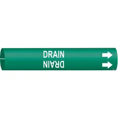 This snap-on pipe marker identifies drain lines on pipes with outer diameters from 1-1/2 to 2-3/8 inches. The green background with white legend and directional arrows provides clear indication of flow direction. Suitable for use in industrial facilities for pipe identification and labeling.