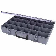 Gray plastic compartmented box with fixed dividers, creating four compartments each 4 in wide by 3 in deep. Not electrostatic discharge conductive. Used for organizing small parts such as fasteners, fittings, or components in maintenance, assembly, or machining operations.