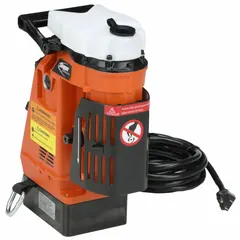 Compact magnetic drill press with electric magnet for portable drilling on ferrous surfaces. Features 280-450 RPM speed range, 2 9/16 in drill travel, and Weldon spindle. Operates on 120V AC. Suitable for steel fabrication, structural steel work, and heavy equipment maintenance.