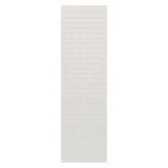 This wall-mount louvered panel provides organized storage for tools and small parts in workshops, garages, and industrial facilities. The white powder-coated finish resists corrosion, and the louvered design accepts standard hooks and brackets for flexible storage without bins. Panel measures 61 inches wide by 18 inches high by 1/4 inch thick, with one louvered side and no bins included.