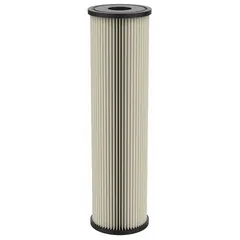 Pleated water filter cartridge with resin-impregnated pleated-cellulose polyester media. Rated at 20 micron with a flow rate of 10 gpm and overall height of 9-3/4 inches. Used for particulate removal in industrial water filtration systems, including pre-filtration, cooling towers, and general plant water treatment.