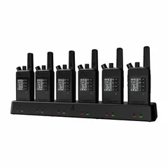 UHF analog handheld two-way radio operating at 2 W with 6 channels and an alphanumeric display. Provides up to 18 hours of use on a single charge. FCC license required for operation. Suitable for business communication in settings such as warehouses, construction sites, and event management.